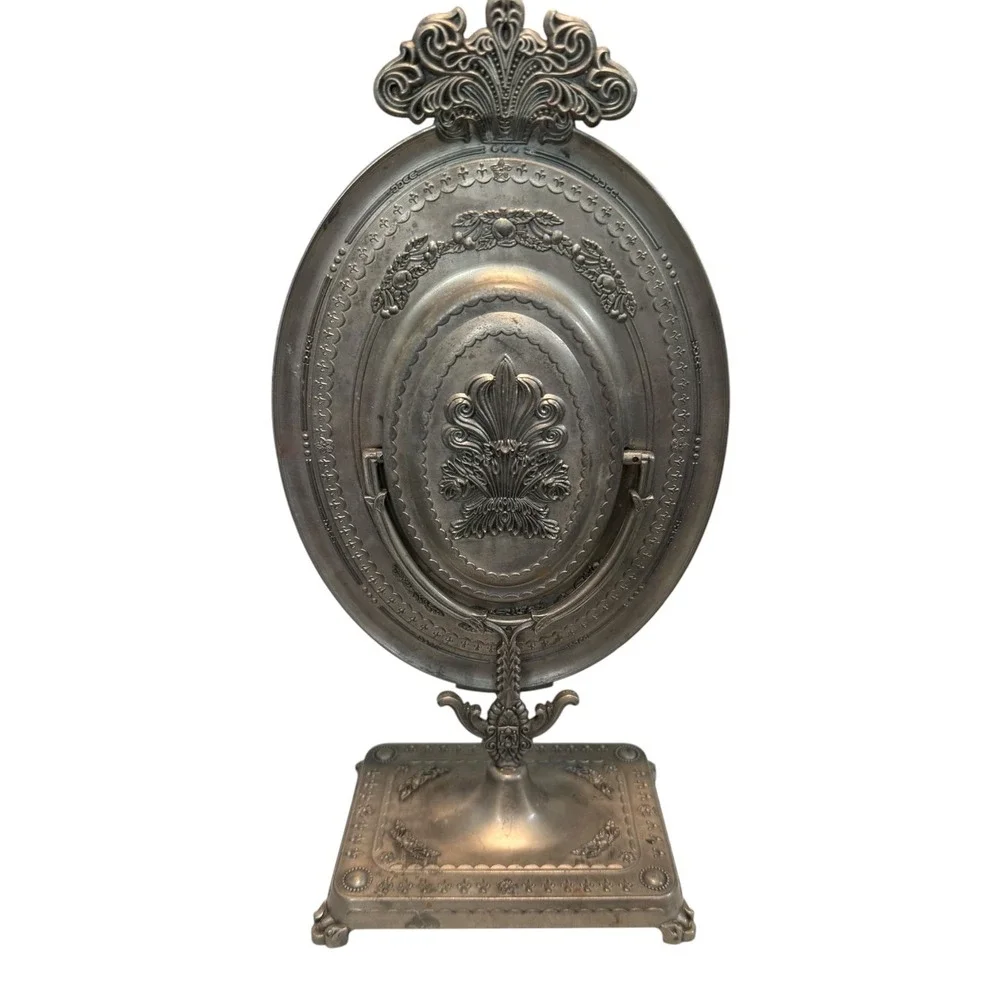 Miro Line Vintage Ornate Vanity Mirror Pewter Tone Swivel Tabletop Oval Mirror